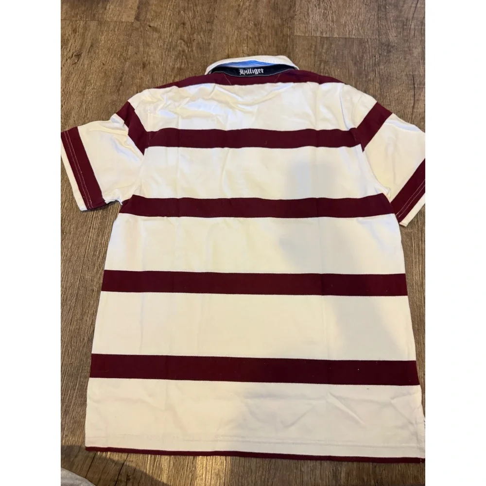Tommy Hilfiger Mens Rugby Polo Shirt White Burgundy Striped Crest Logo Size M - Picture 4 of 4
